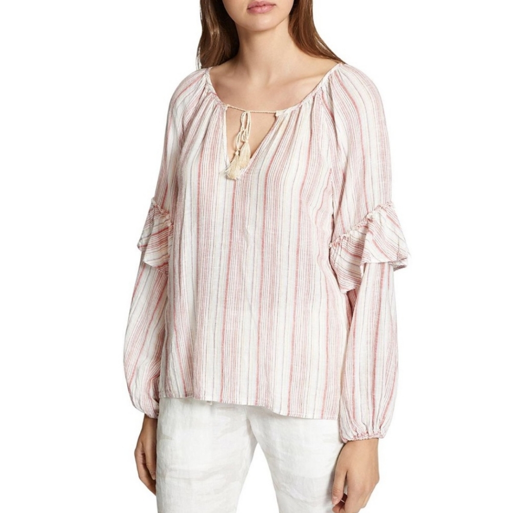 Sanctuary linen & rayon sheer lightweight Cream Red Striped top Size XL